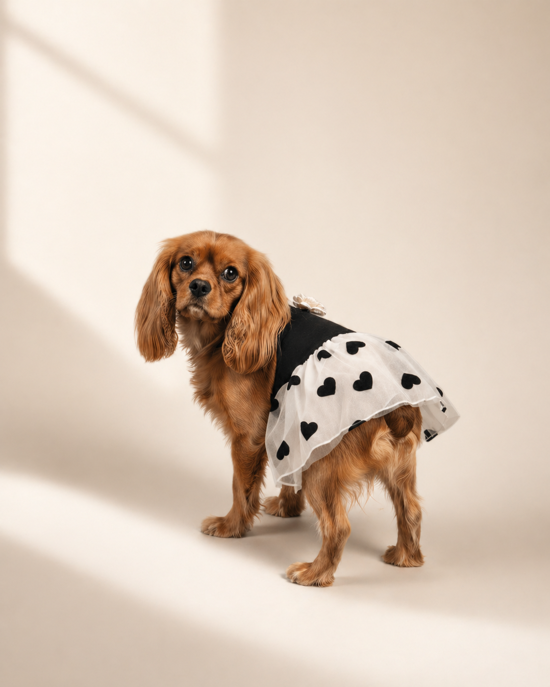 Dog wearing a black and white dress with heart patterns on a beige background